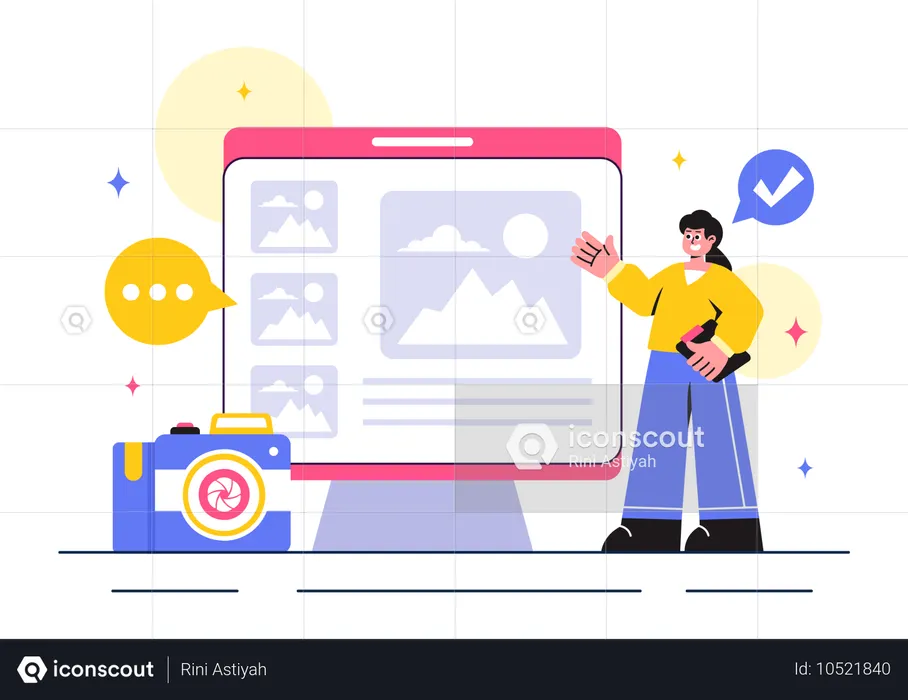 Mulher olhando para arte de museu online  Ilustração