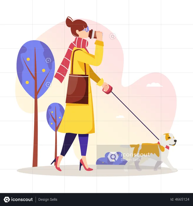 Mulher andando com cachorro e tomando café  Ilustração