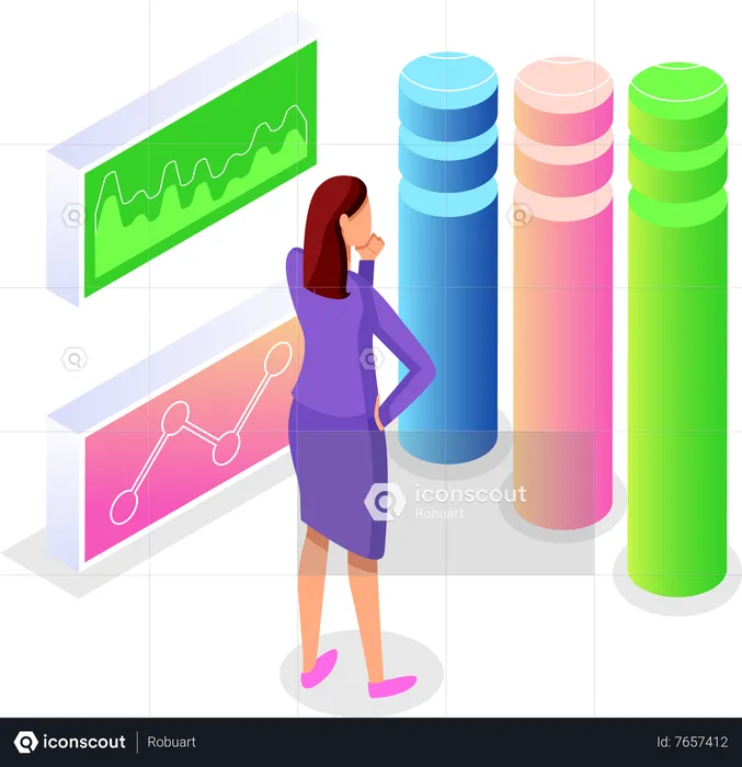 Mulher pensativa olhando infográficos visuais  Ilustração