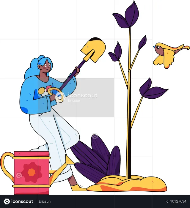 Mulher plantando planta enquanto segura a pá  Ilustração