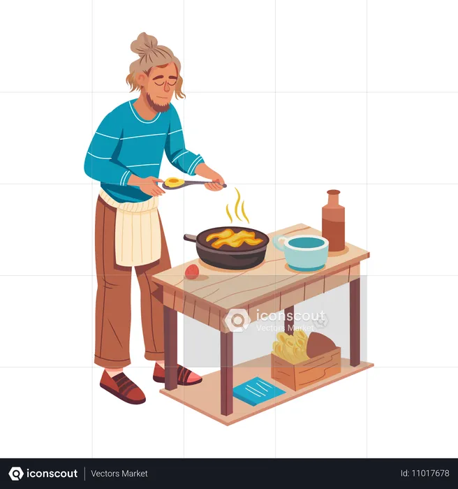 Mulher pobre cozinhando comida  Ilustração