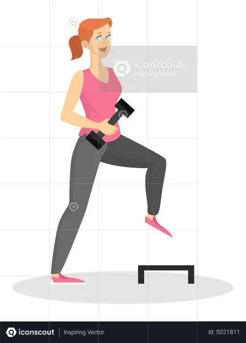 Mulher fazendo exercícios esportivos usando halteres e step  Ilustração