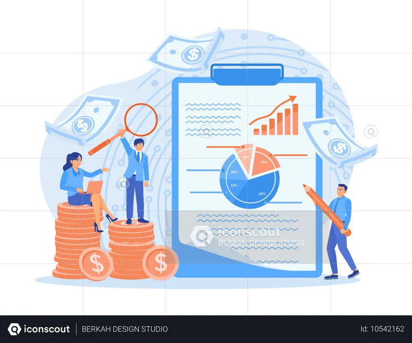 Mulher preenche a contabilidade financeira e gerente e contador calculam débitos e créditos  Ilustração