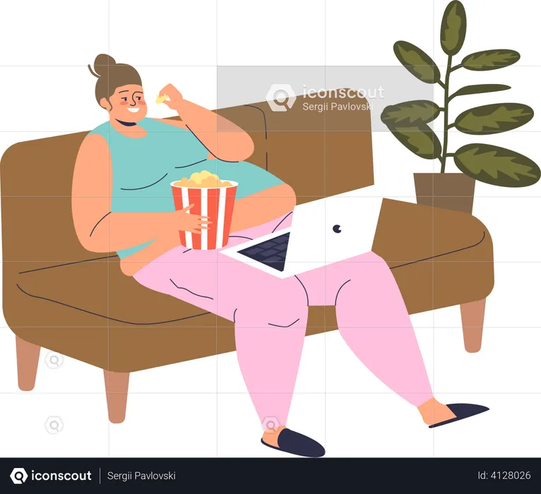 Mulher preguiçosa comendo pipoca enquanto assiste filme  Ilustração