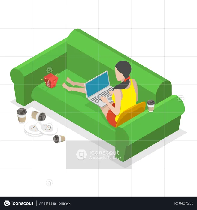 Mulher preguiçosa deitada na cama enquanto assiste filme  Ilustração