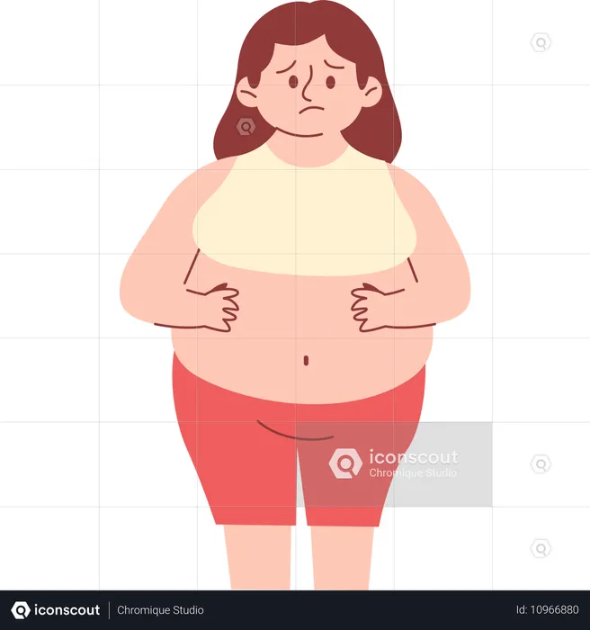 Mulher preocupada com a gordura da barriga  Ilustração