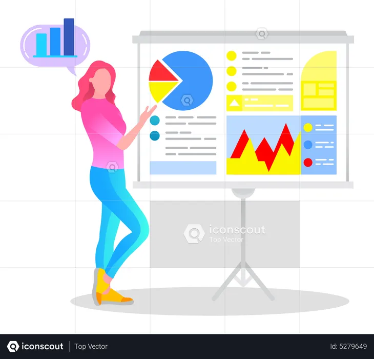 Mulher apresenta diagrama de análise de negócios no escritório  Ilustração