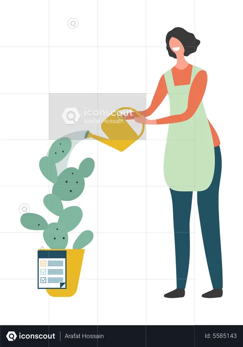 Mulher regando planta de interior  Ilustração