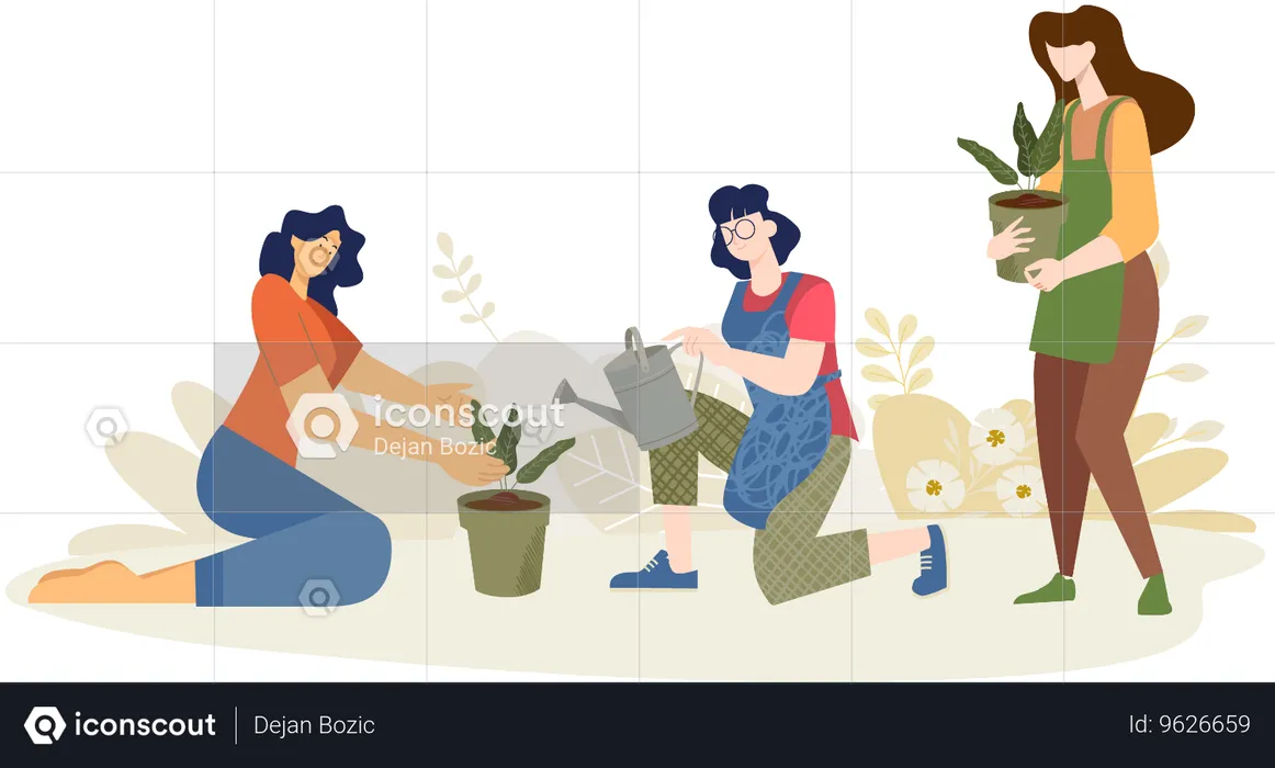 Mulher regando pequenas plantas no verão  Ilustração