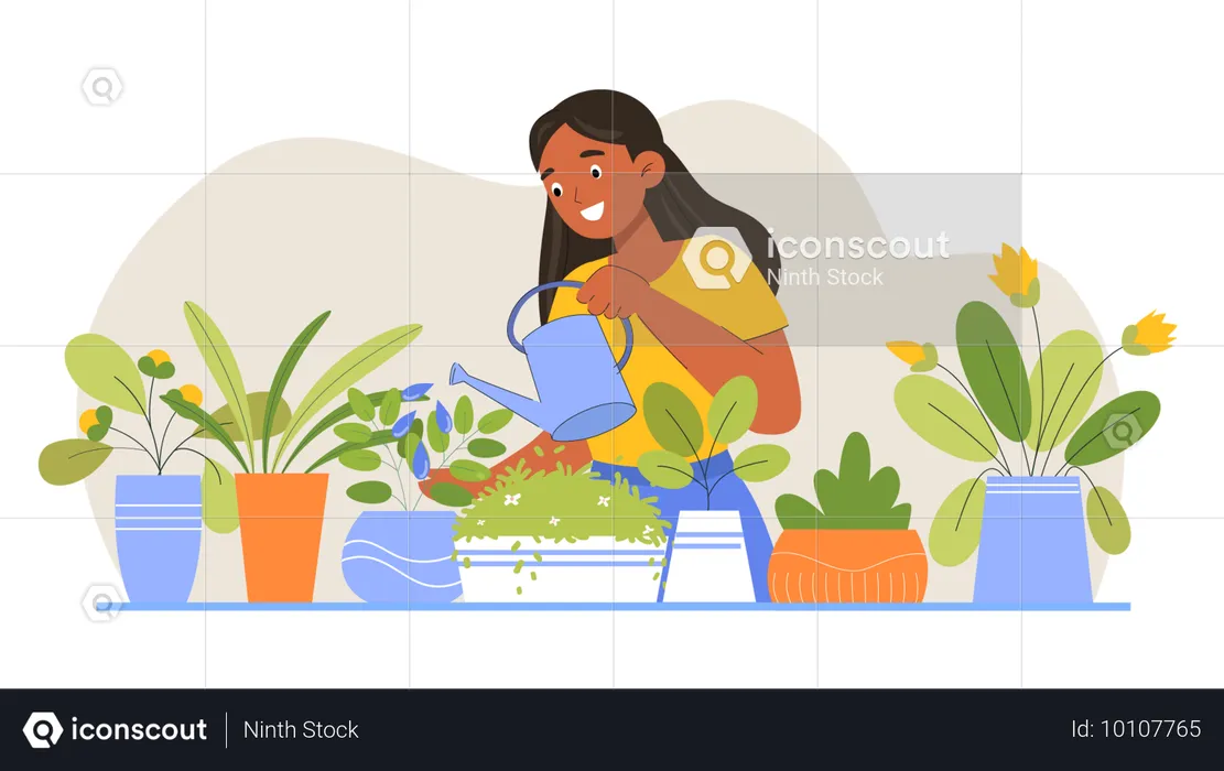 Mulher regando suas plantas de interior  Ilustração