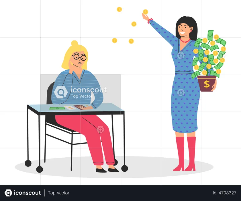 Mulher rica e feliz espalha dinheiro enquanto mulher pobre conta economias na calculadora  Ilustração