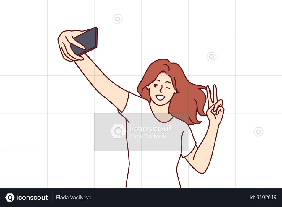 Mulher ri tirando selfie e fazendo sinal de paz para postar foto na rede social  Ilustração
