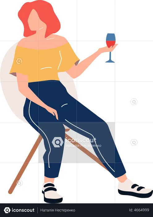 Mulher ruiva relaxante com vinho em copo  Ilustração