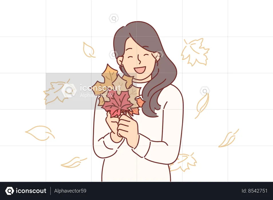 Mulher segura folhagem de outono de cores diferentes nas mãos  Ilustração