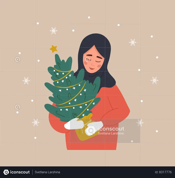 Mulher segurando uma árvore de Natal em uma panela.  Ilustração