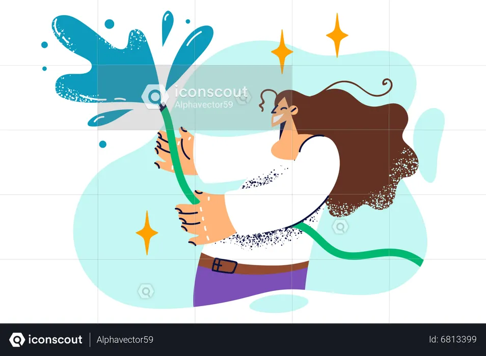 Mulher segurando uma mangueira de água  Ilustração