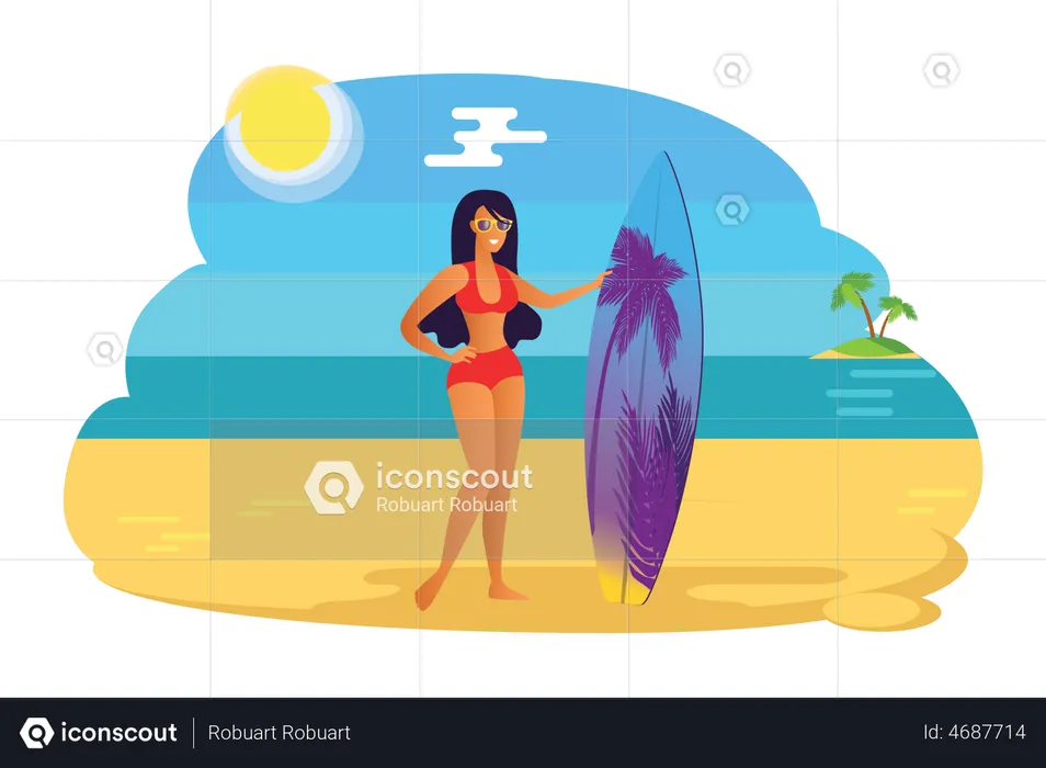 Mulher segurando uma prancha de surf  Ilustração