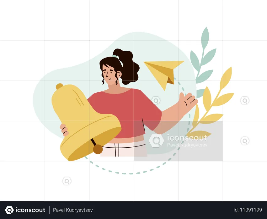 Mulher segurando sino para notificações de mídia social  Ilustração