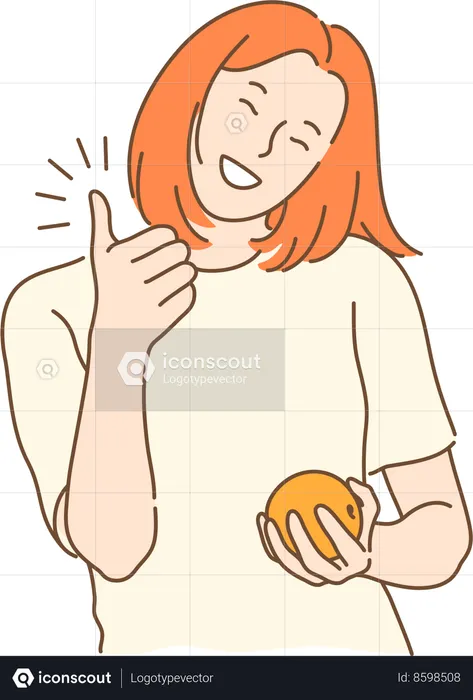 Mulher segurando uma laranja e mostrando os polegares  Ilustração