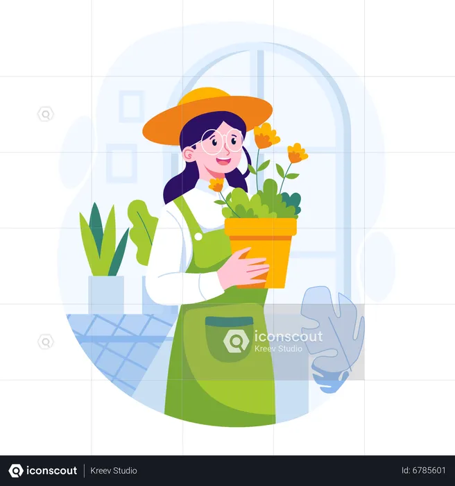 Mulher segurando um vaso de flores  Ilustração