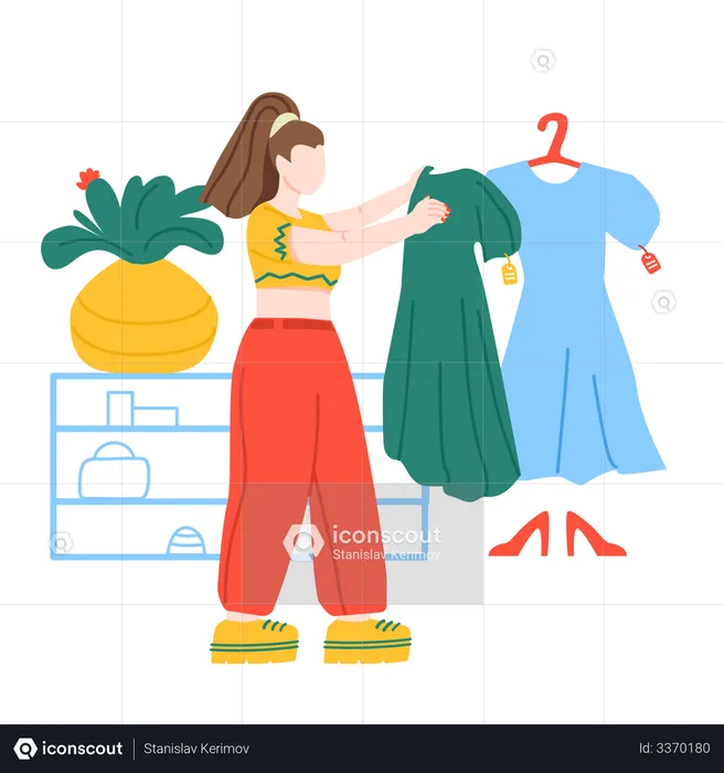 Mulher selecionando vestido  Ilustração