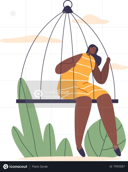 Mulher senta-se solenemente dentro de uma gaiola confinante  Ilustração