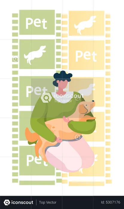 Mulher sentada e segurando um cachorro de estimação nas mãos  Ilustração