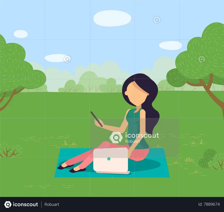 Mulher Sentada Na Grama Do Parque Com O Laptop  Ilustração
