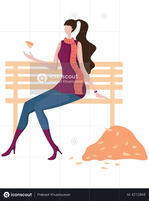 Mulher sentada no banco do parque  Ilustração