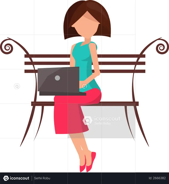 Mulher sentada no banco e trabalhando em um laptop  Ilustração