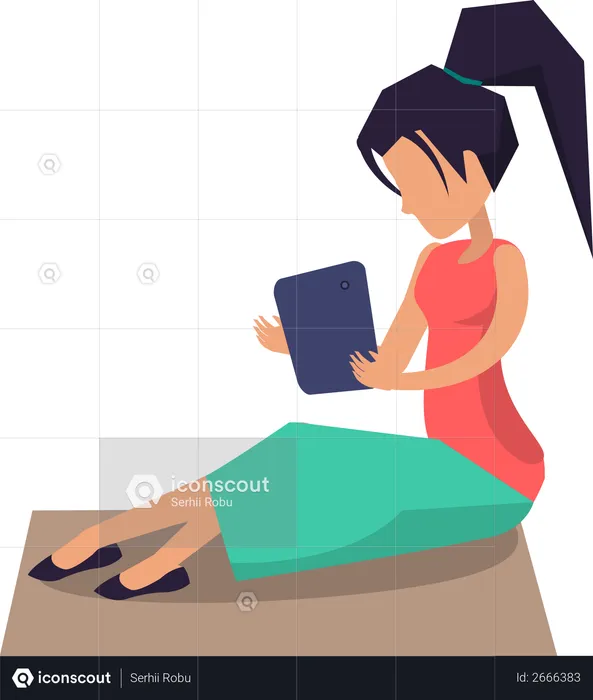 Mulher sentada em um cobertor no gramado e trabalhando com laptop  Ilustração