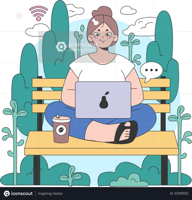 Mulher sentada no parque e trabalhando  Ilustração