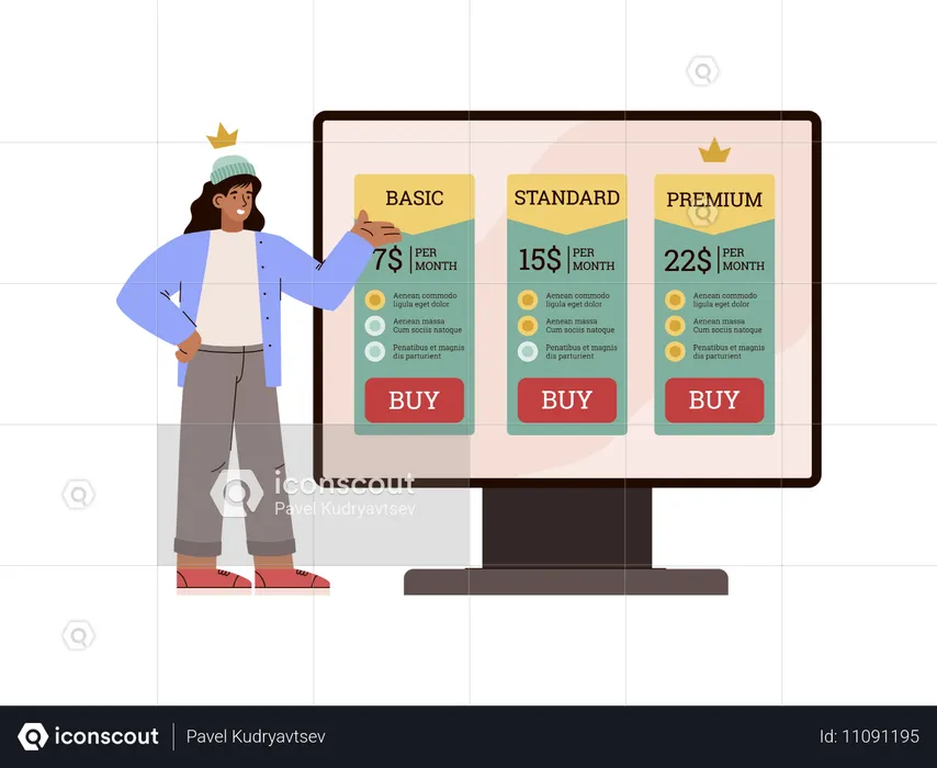 Mulher sorridente mostra taxas de assinatura em um monitor grande  Ilustração