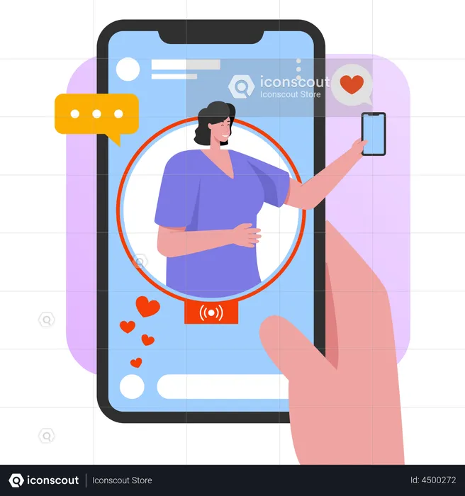 Mulher transmitindo em aplicativo de mídia social  Ilustração