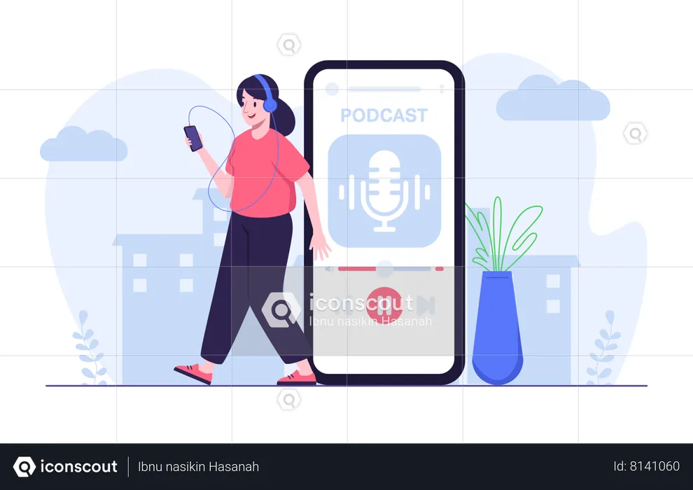 Mulher transmitindo áudio de podcast usando aplicativo móvel enquanto caminha  Ilustração