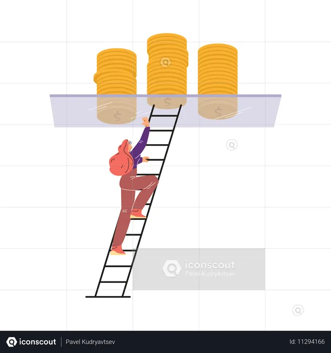 Mulher subindo uma escada até um teto de vidro com moedas nele  Illustration