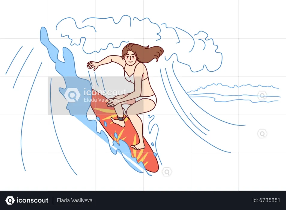 Mulher surfando no mar  Ilustração