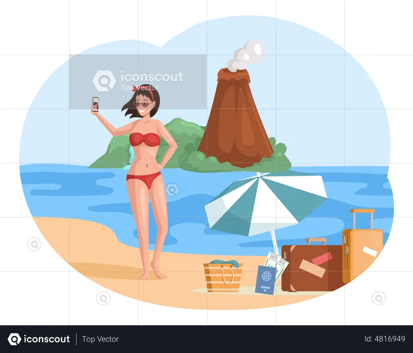 Mulher tira selfie em traje de banho na praia  Ilustração