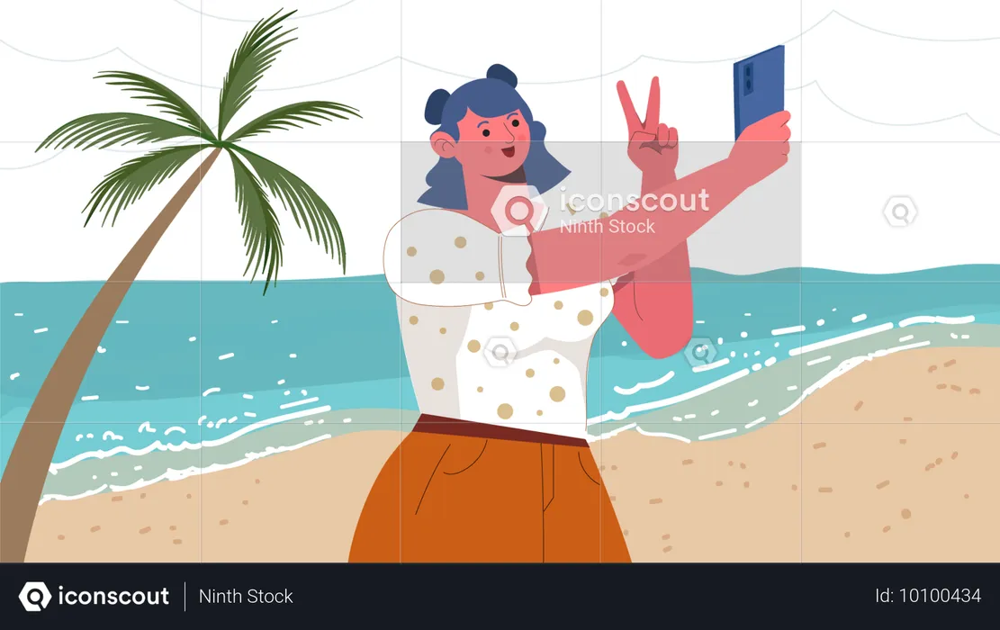 Mulher tirando selfie na praia  Ilustração