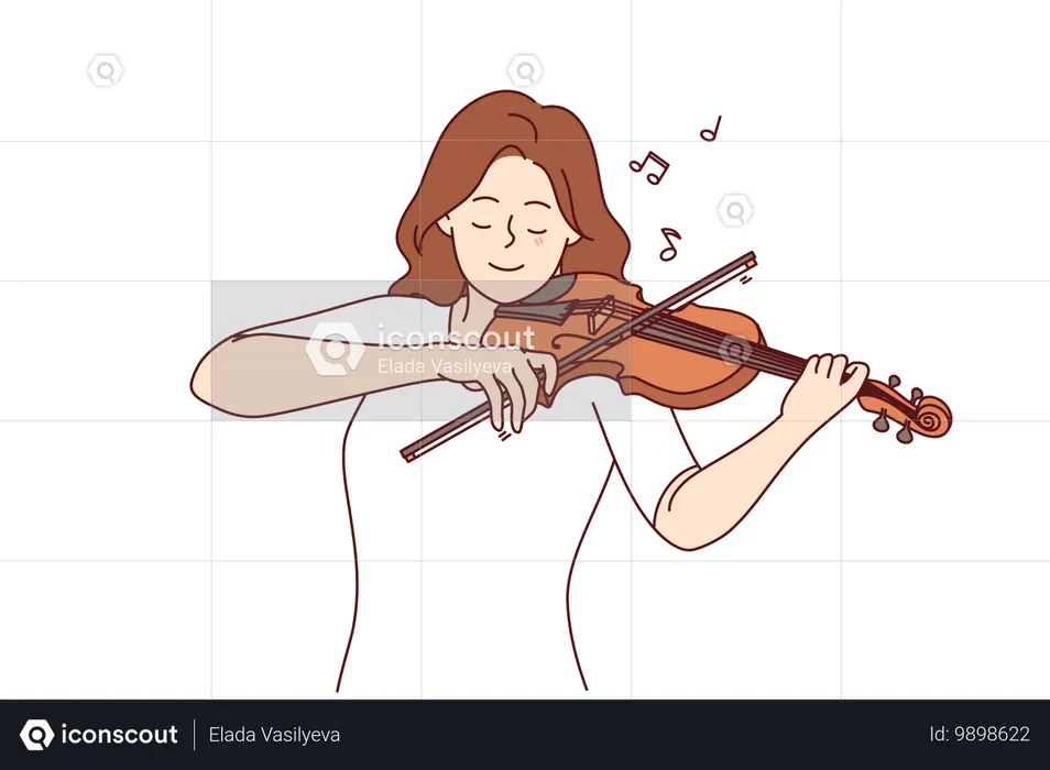 Mulher toca violino apreciando a performance da melodia e movendo o arco ao longo do instrumento musical de cordas  Ilustração