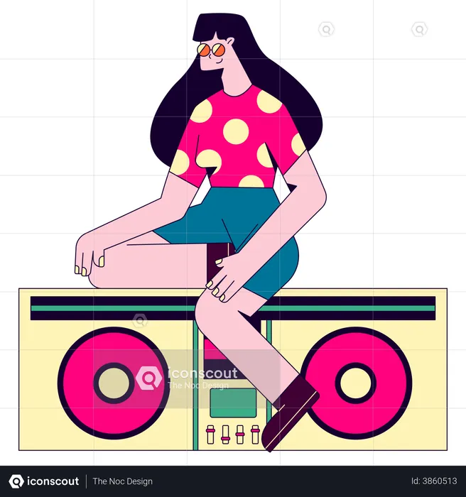 Mulher tocando DJ em uma festa musical  Ilustração