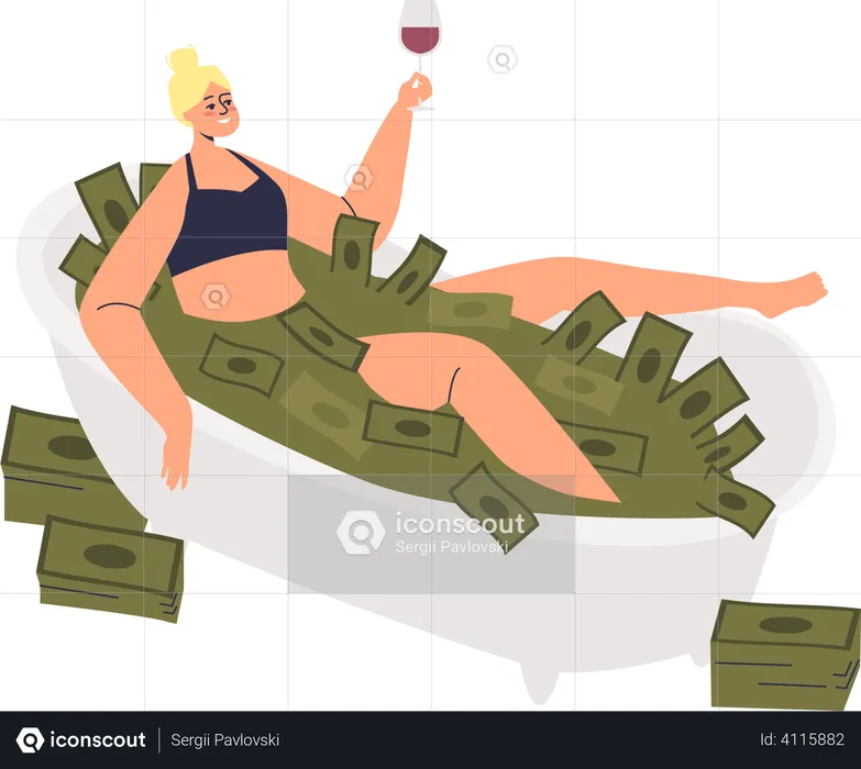 Mulher tomando banho de dinheiro  Ilustração