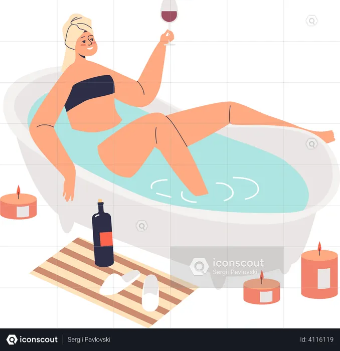 Mulher tomando banho e bebendo vinho  Ilustração