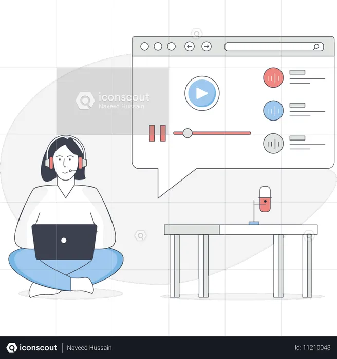 Mulher trabalha em podcast ao vivo  Ilustração