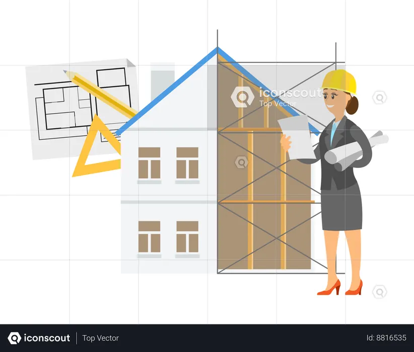 Trabalhadora da construção civil feminina está fazendo projetos para casa  Ilustração