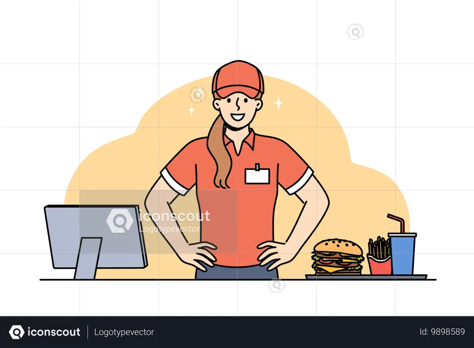 Mulher trabalhadora de café fast food fica perto da caixa registradora com monitor e bandeja com hambúrguer e bebidas  Ilustração