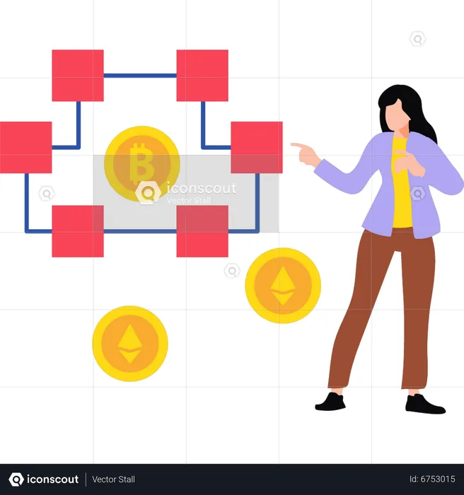 Mulher trabalhando blockchain bitcoin  Ilustração