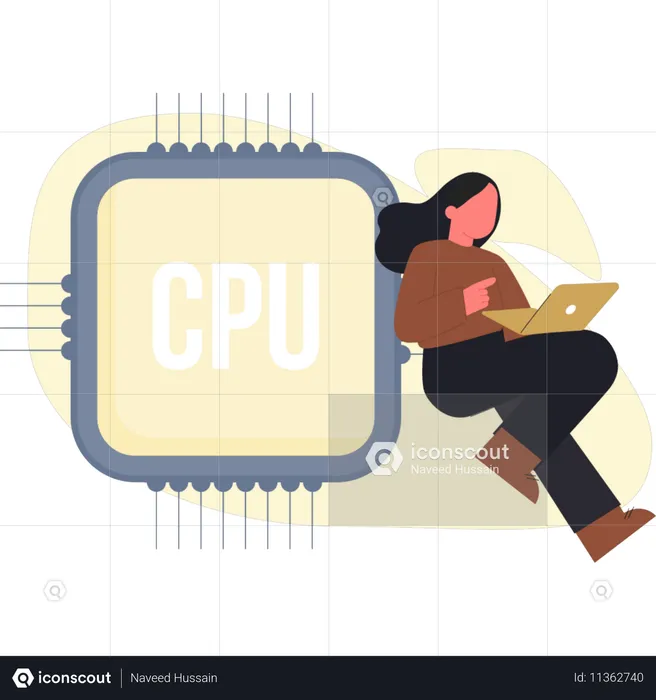 Mulher trabalhando em chip de CPU  Ilustração