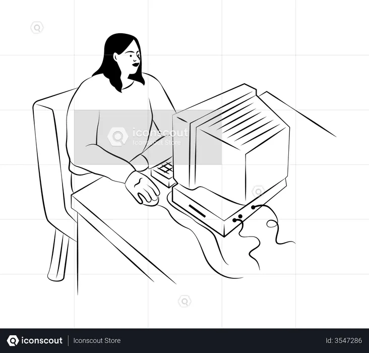 Mulher trabalhando no computador desktop  Ilustração