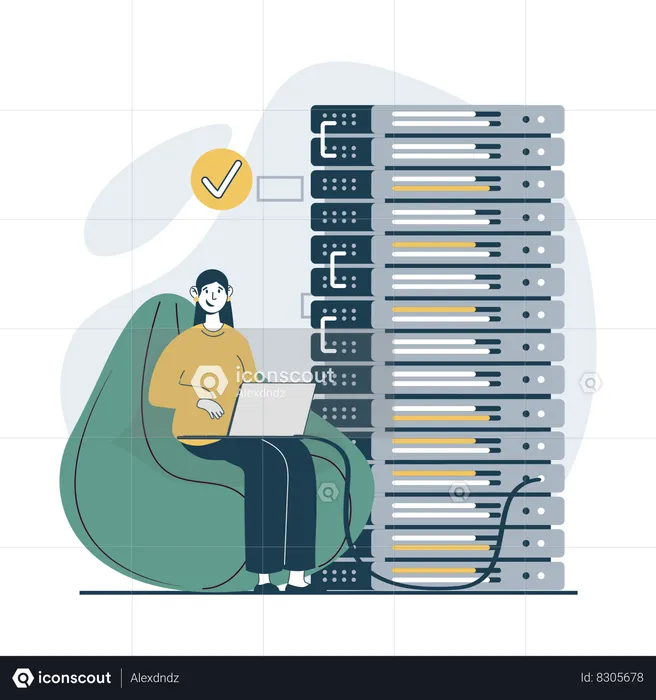 Mulher trabalhando no gerenciamento de data center  Ilustração